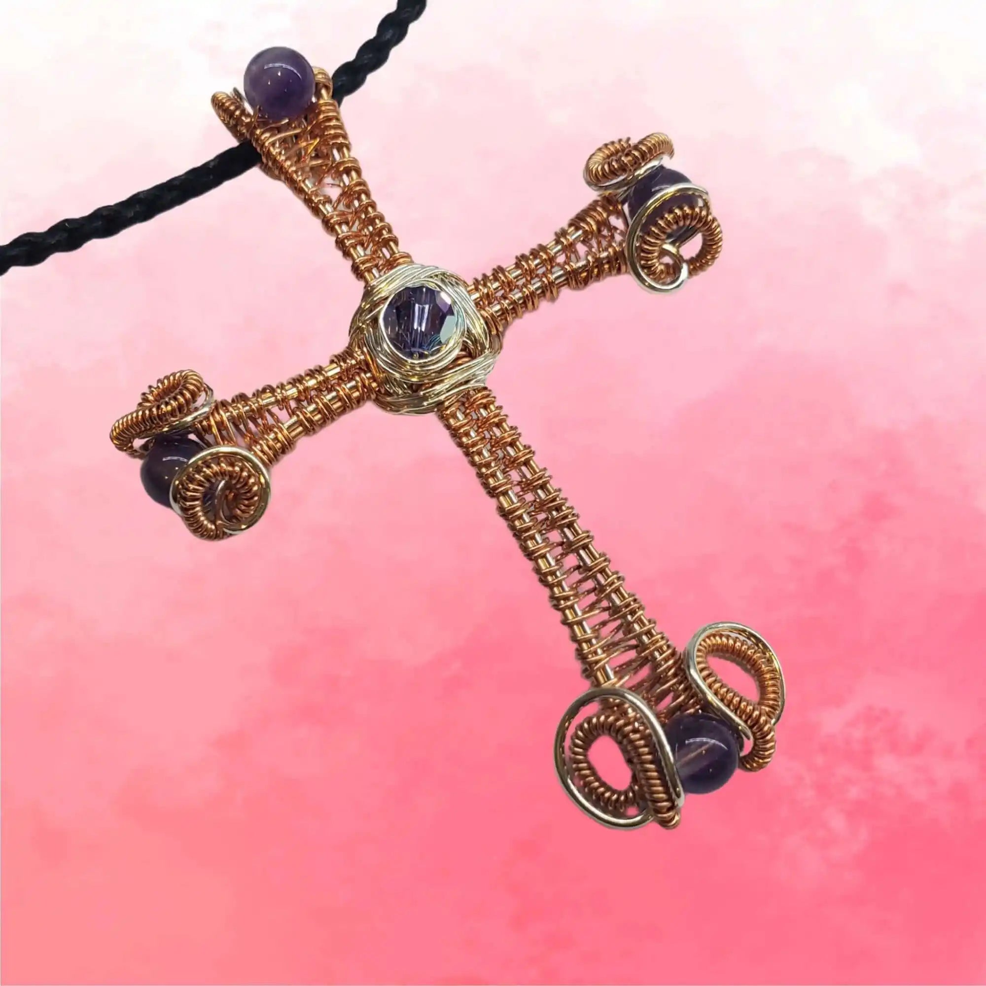 Large Wire Woven Copper Silver Amethyst Cross Necklace