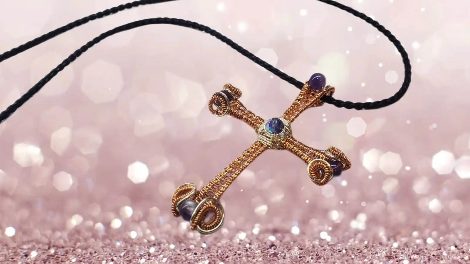 Large Wire Woven Copper Silver Amethyst Cross Necklace