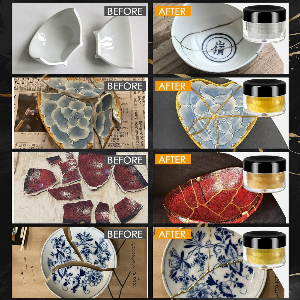Kintsugi Repair Kit, Food Safe Gold & Silver Kintsugi Kit for Broken Ceramics, Glass, Jade and Sculptures, Japanese Art Craft with Gold Glue for Ceramics and Porcelain Repair Restoration