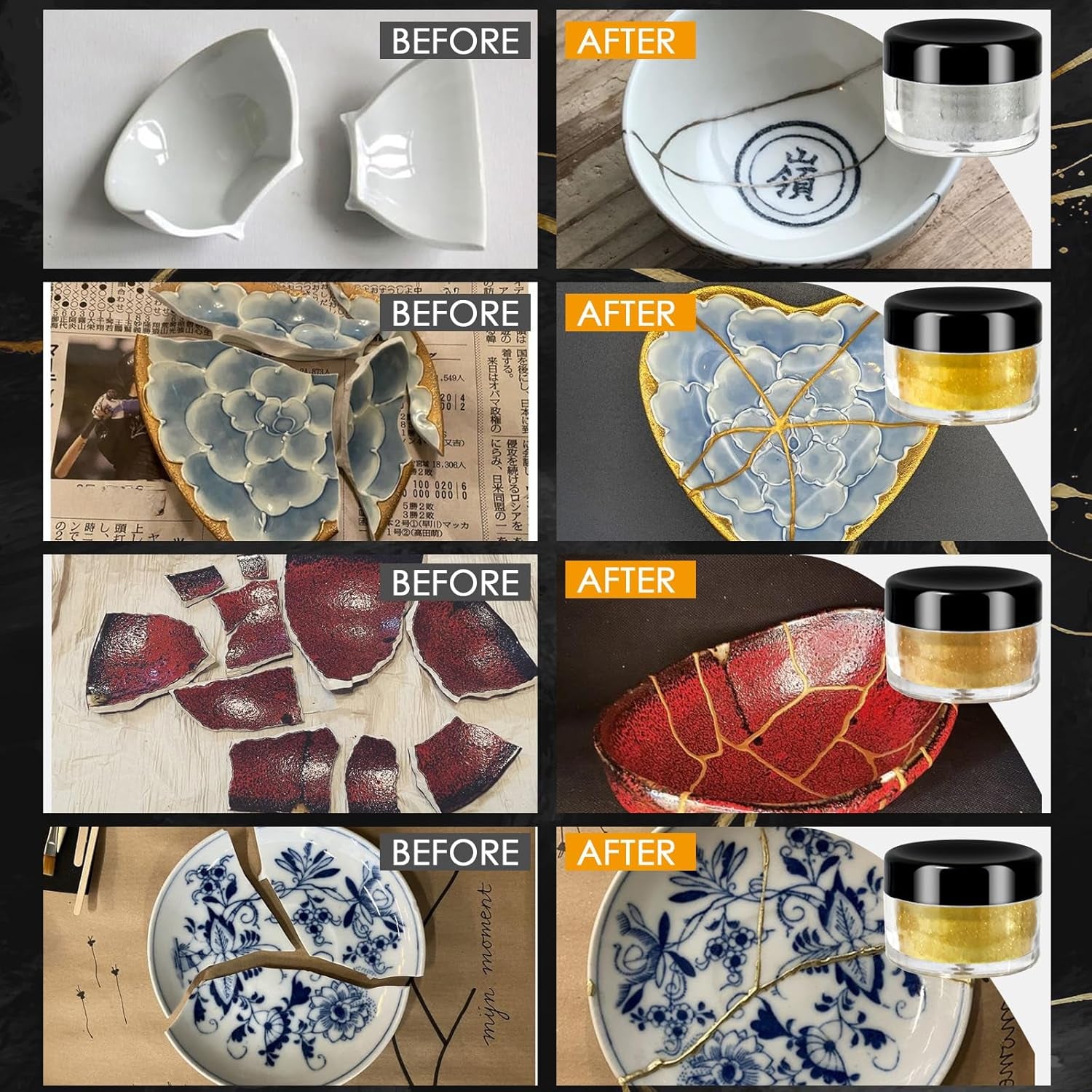 Kintsugi Repair Kit, Food Safe Gold & Silver Kintsugi Kit for Broken Ceramics, Glass, Jade and Sculptures, Japanese Art Craft with Gold Glue for Ceramics and Porcelain Repair Restoration