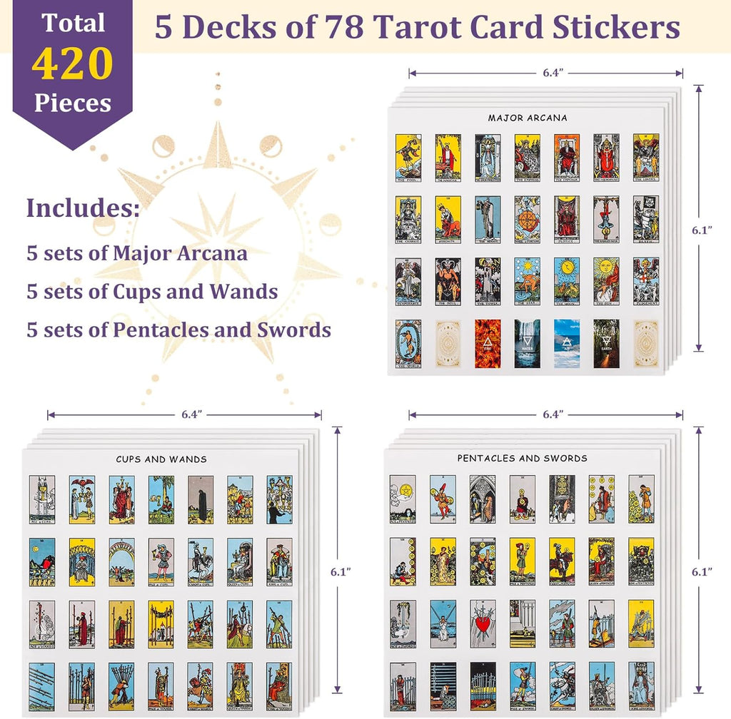420 PCS Mini Tarot Stickers for Journaling, 1.25" X 0.78" Card Stickers Based on Rider Waite Deck, 8 Cheat Sheet Included