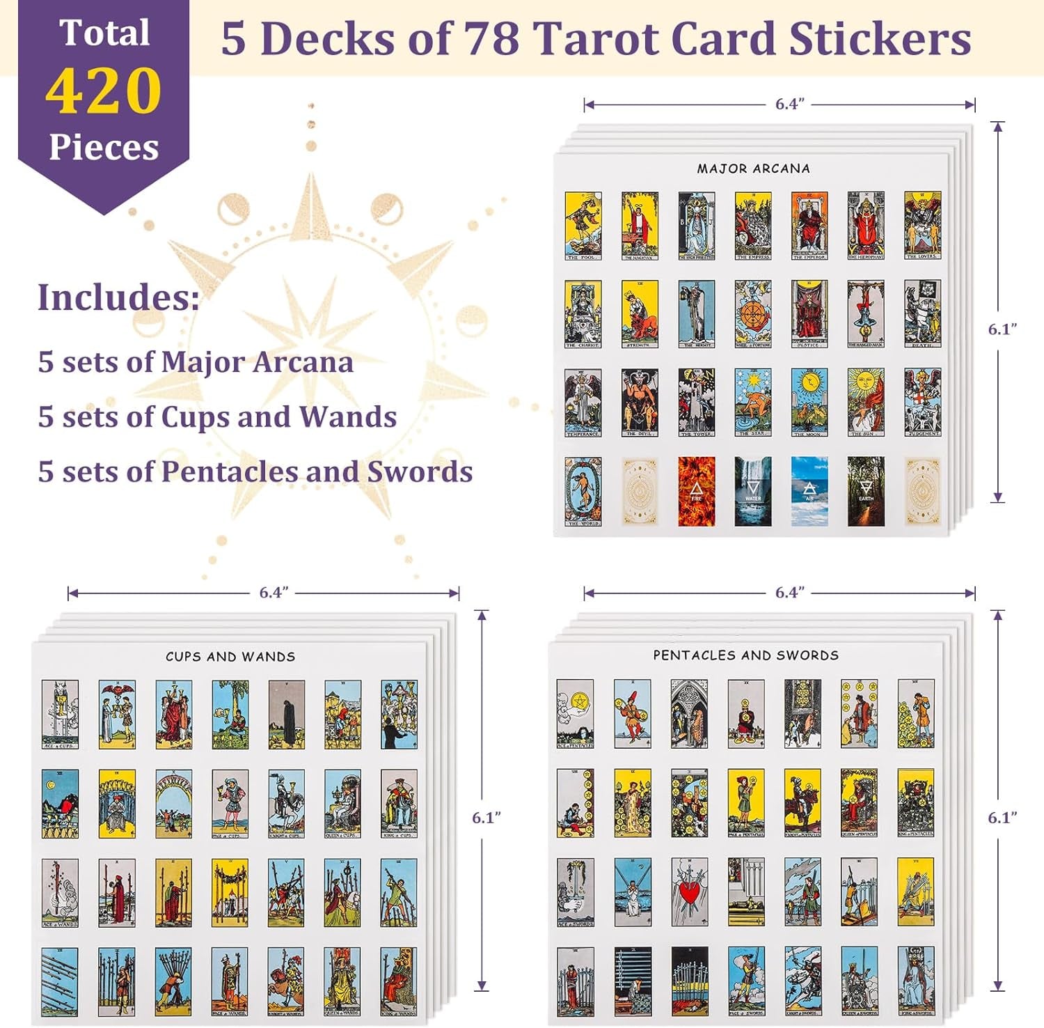420 PCS Mini Tarot Stickers for Journaling, 1.25" X 0.78" Card Stickers Based on Rider Waite Deck, 8 Cheat Sheet Included