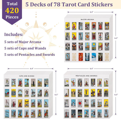 420 PCS Mini Tarot Stickers for Journaling, 1.25" X 0.78" Card Stickers Based on Rider Waite Deck, 8 Cheat Sheet Included