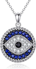 Evil Eye Pendant Necklace for Women 925 Sterling Silver Greek Protection Jewelry with Blue Sapphire and Black Cz Amulet Gift, Middle, Sterling Silver