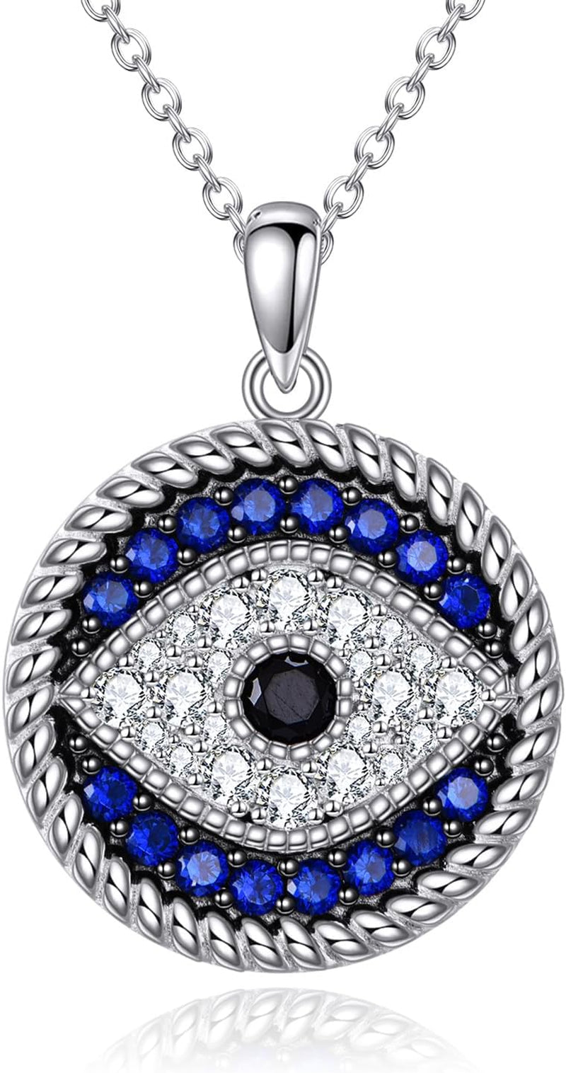 Evil Eye Pendant Necklace for Women 925 Sterling Silver Greek Protection Jewelry with Blue Sapphire and Black Cz Amulet Gift, Middle, Sterling Silver