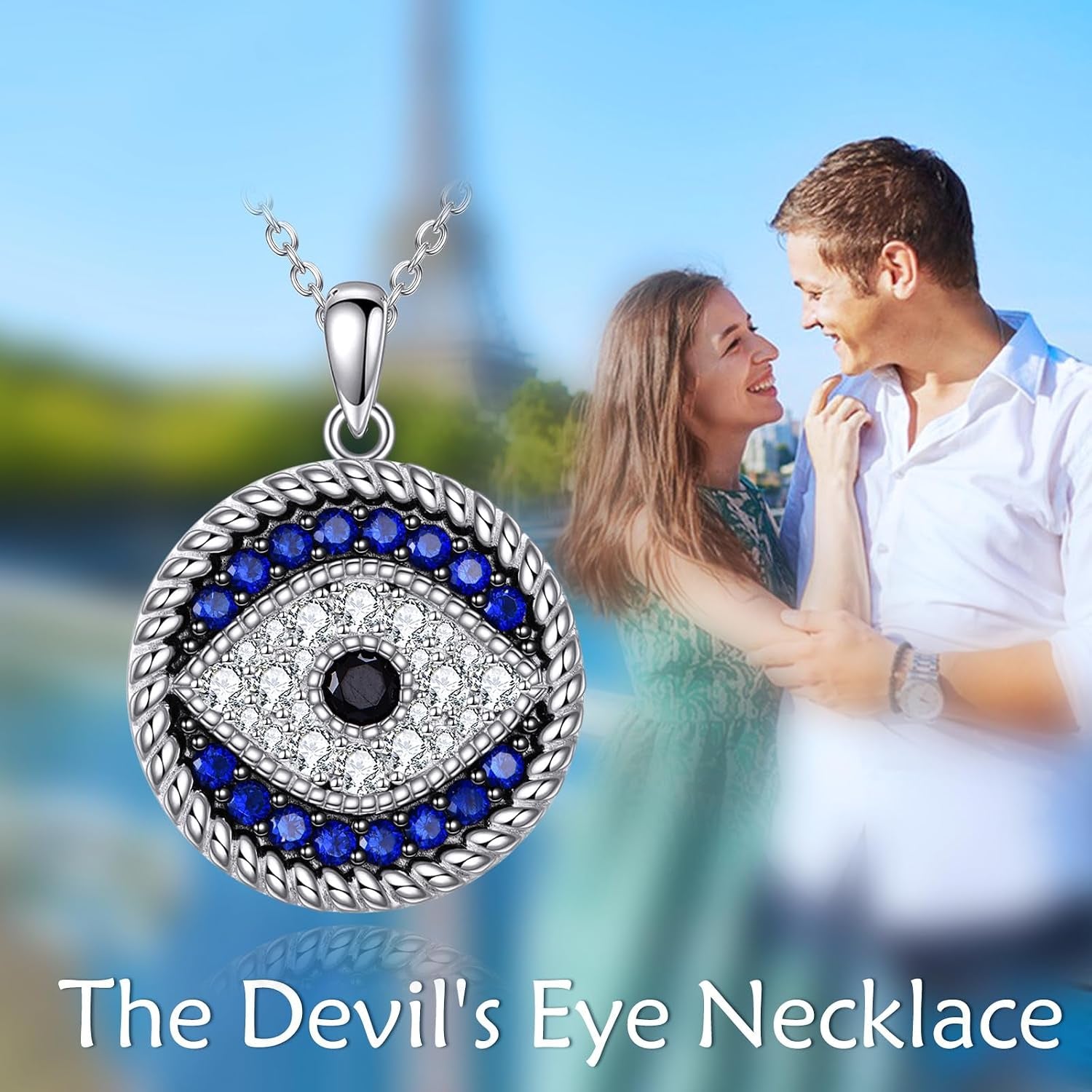 Evil Eye Pendant Necklace for Women 925 Sterling Silver Greek Protection Jewelry with Blue Sapphire and Black Cz Amulet Gift, Middle, Sterling Silver