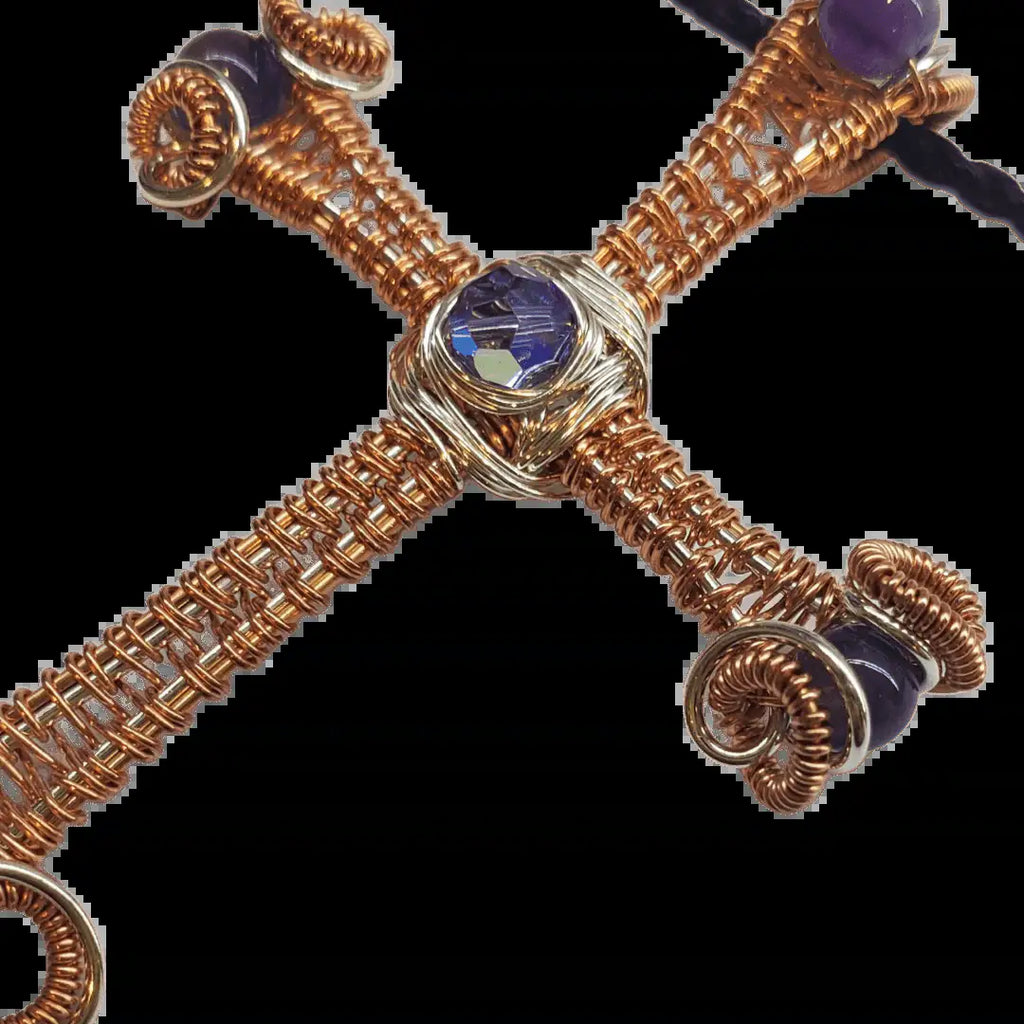 Large Wire Woven Copper Silver Amethyst Cross Necklace