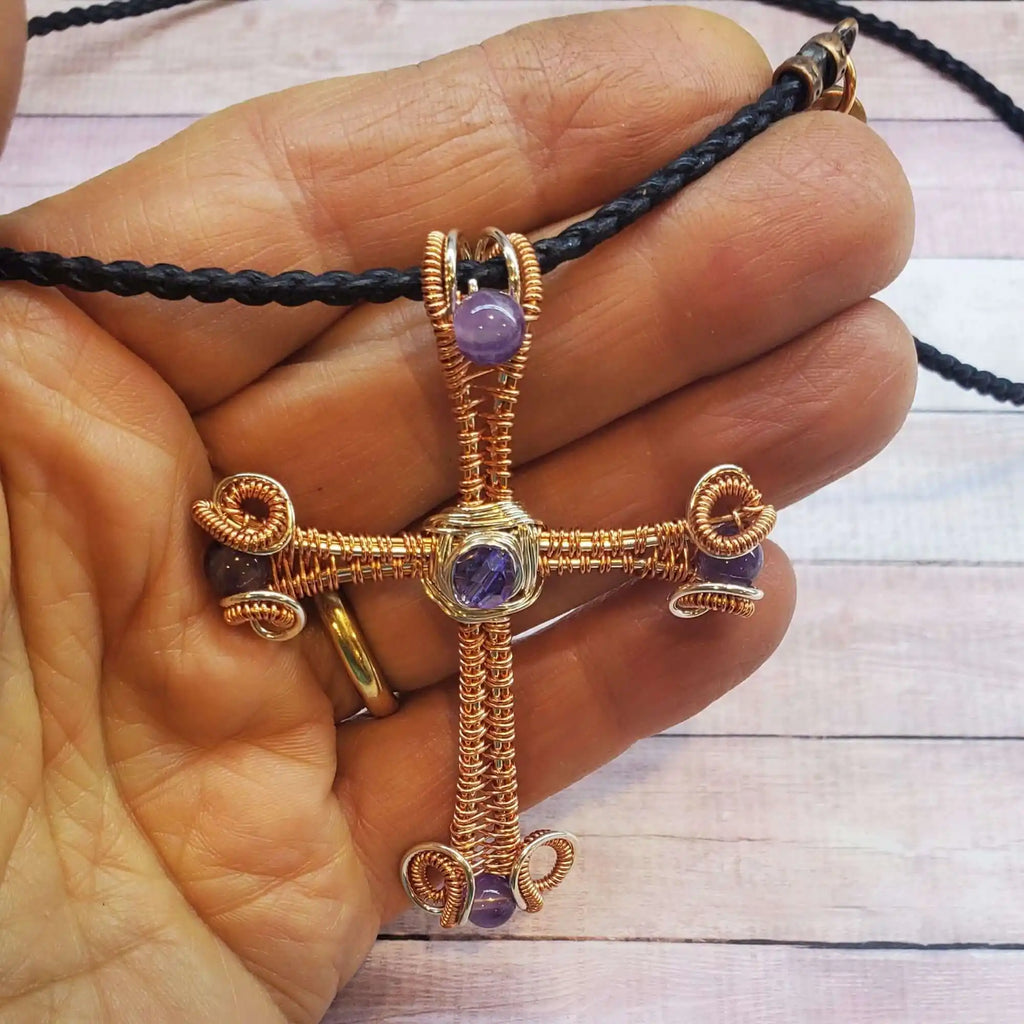 Large Wire Woven Copper Silver Amethyst Cross Necklace