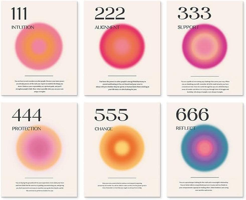 Aura Angel Numbers Poster Set – 6-Piece Minimalist Inspirational Canvas Wall Art, Aesthetic Room & Bedroom Decor, 20 X 25Cm Unframed