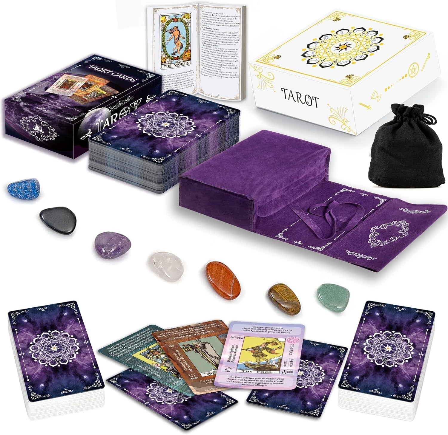Tarot Cards Set with Guide Book,Tarot Cards for Beginners,Tarot Cards Deck with Meanings on Them,Learning Tarot Deck Fortune Telling Game with Velvet Tarot Bag and Chakra Stone