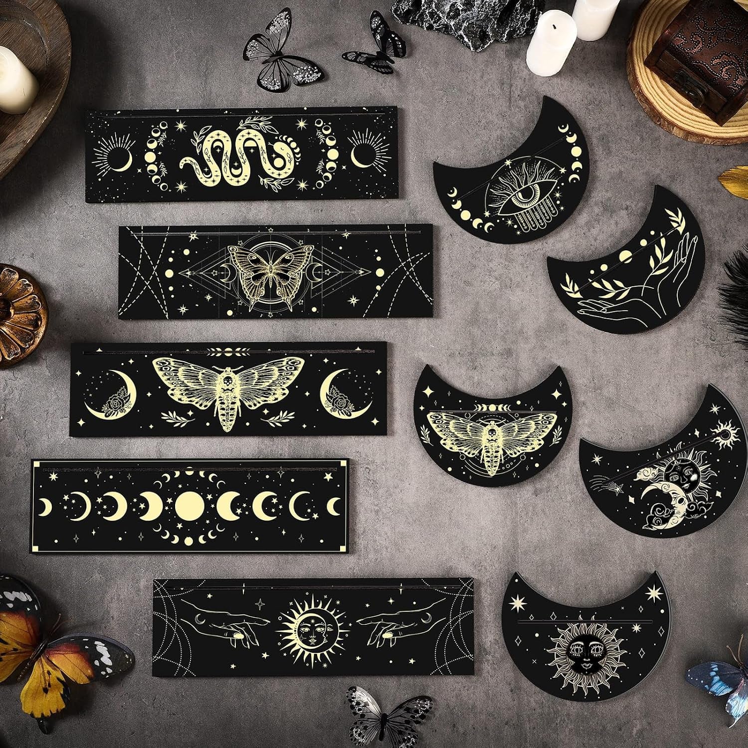 10 Pcs Wooden Tarot Card Holder Stand Include Rectangular Tarot Card Stand Moon Shape Tarot Deck Holder for Witch Divination Tools Oracle Card Place Card (Black)