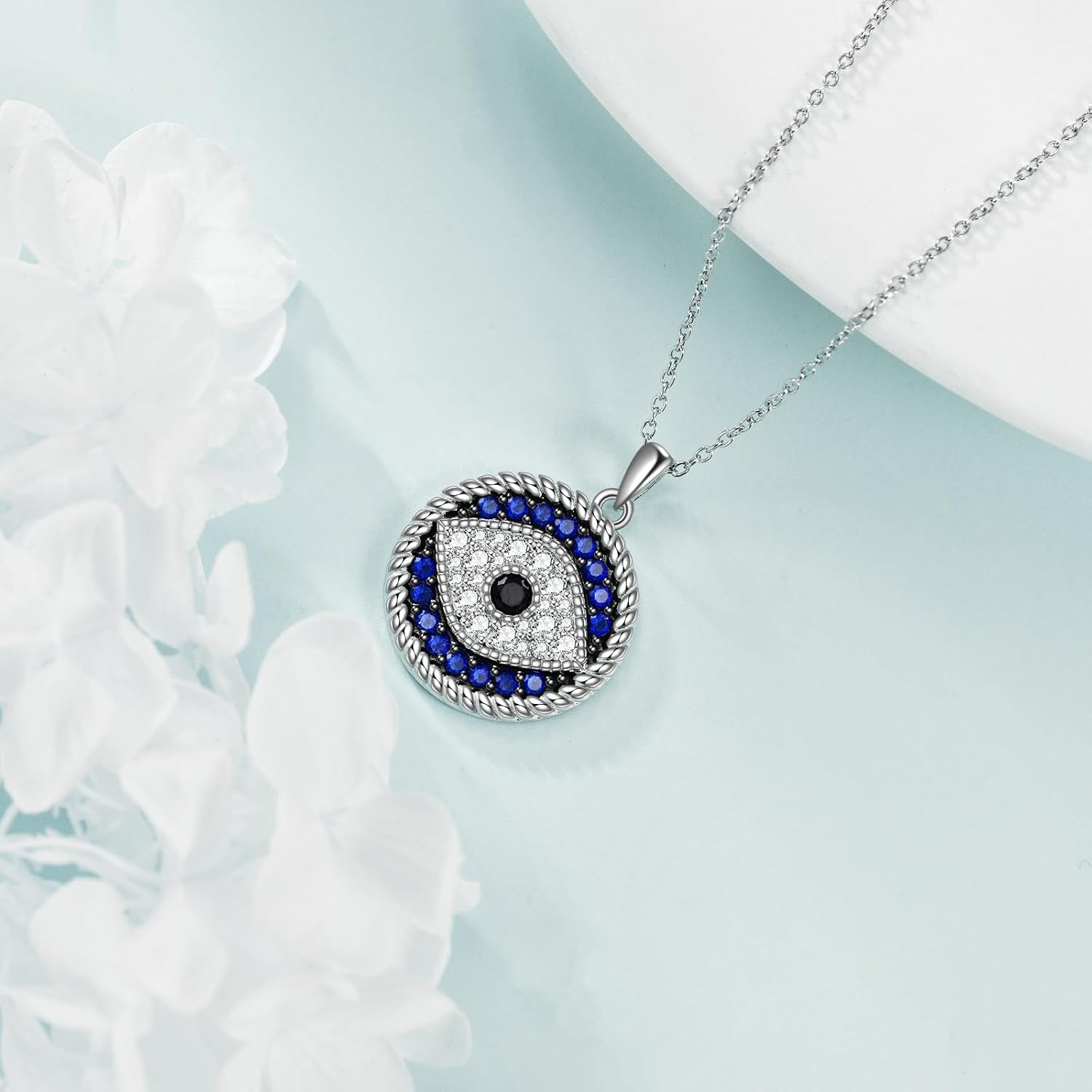 Evil Eye Pendant Necklace for Women 925 Sterling Silver Greek Protection Jewelry with Blue Sapphire and Black Cz Amulet Gift, Middle, Sterling Silver