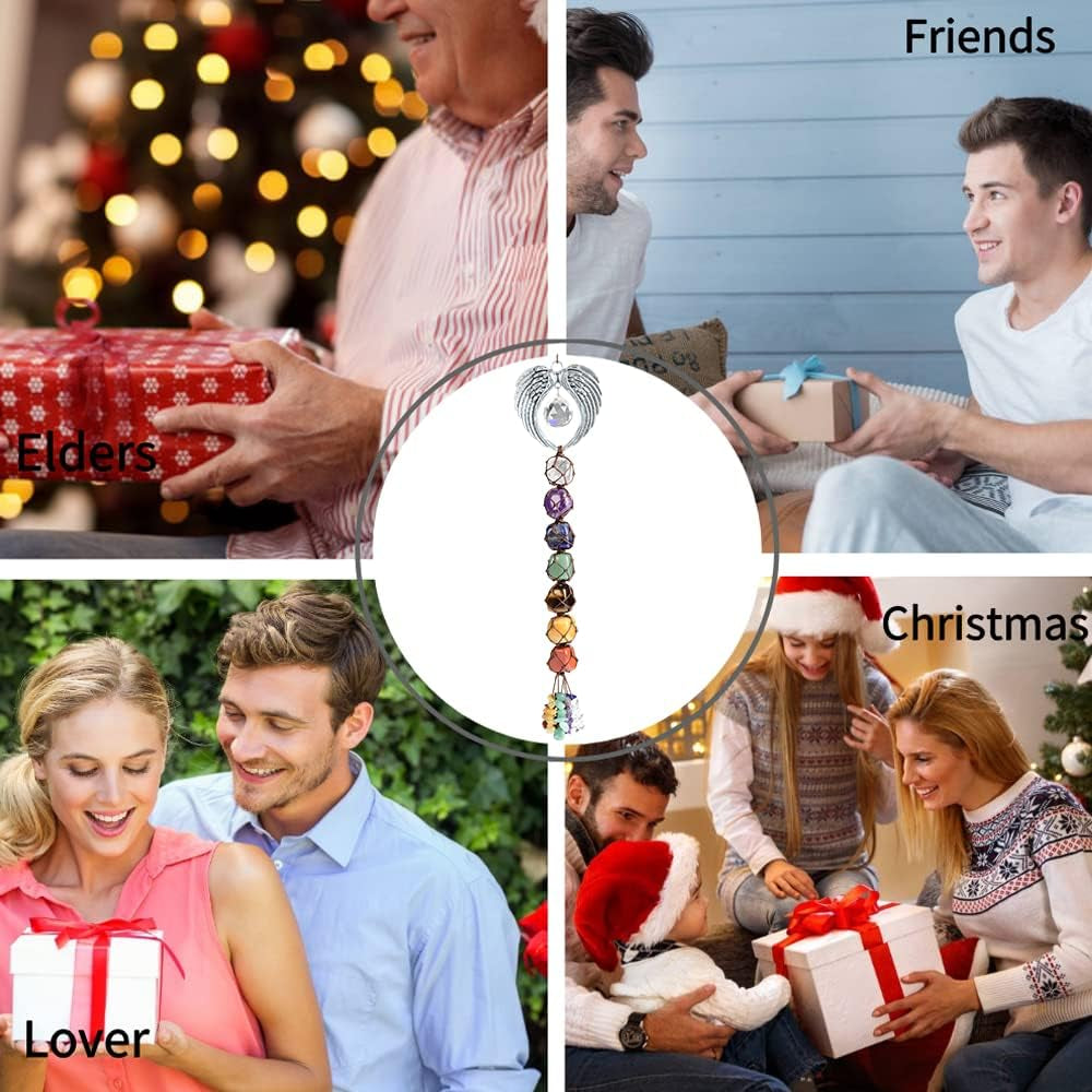 Handmade Crystal Window Car Hanging Ornaments 7 Chakra Home Decoration Feng Shui Ornament Yoga Meditation Car Decoration Tumbled Palm Stones (Angel)