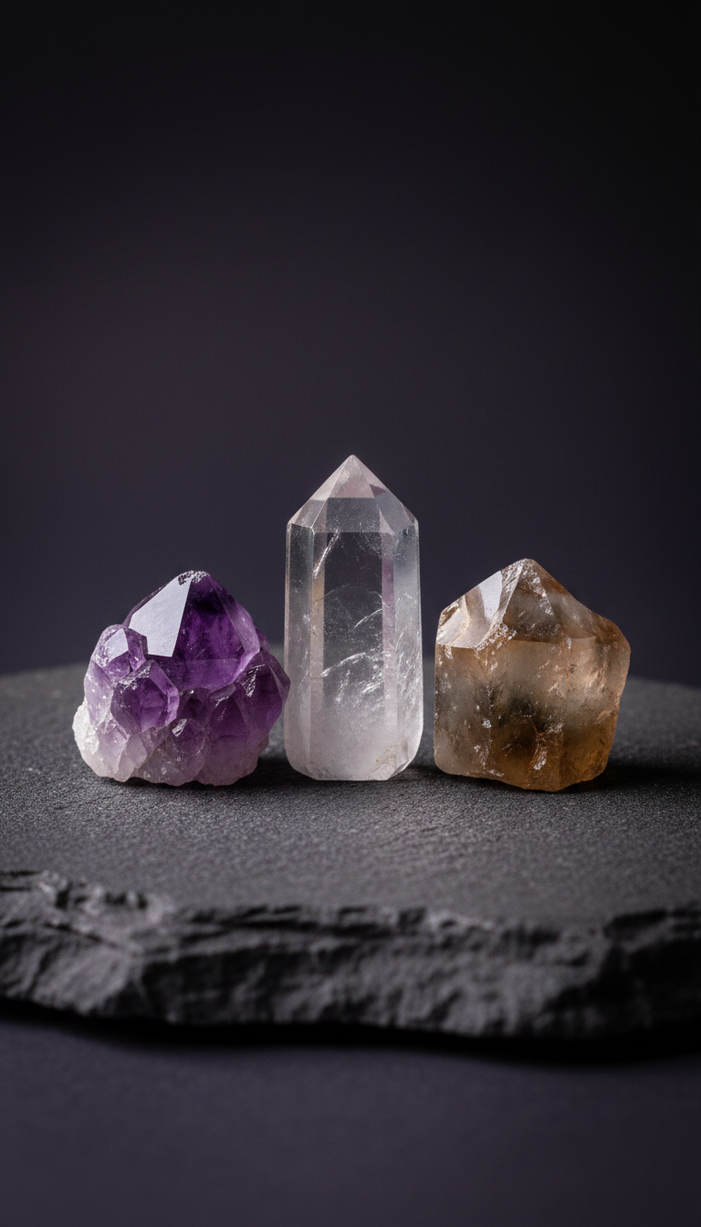 Raw Elemental Crystal Set Amethyst Quartz Citrine