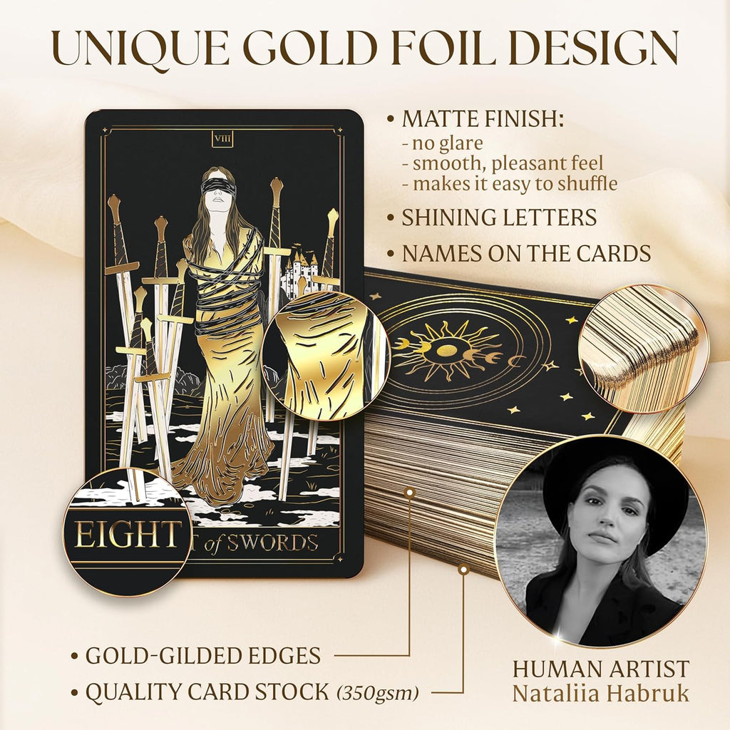 Tarot Cards with Guide Book - 78 Gold for Beginners Deck Set Rider Waite Guidebook Black Decks Original