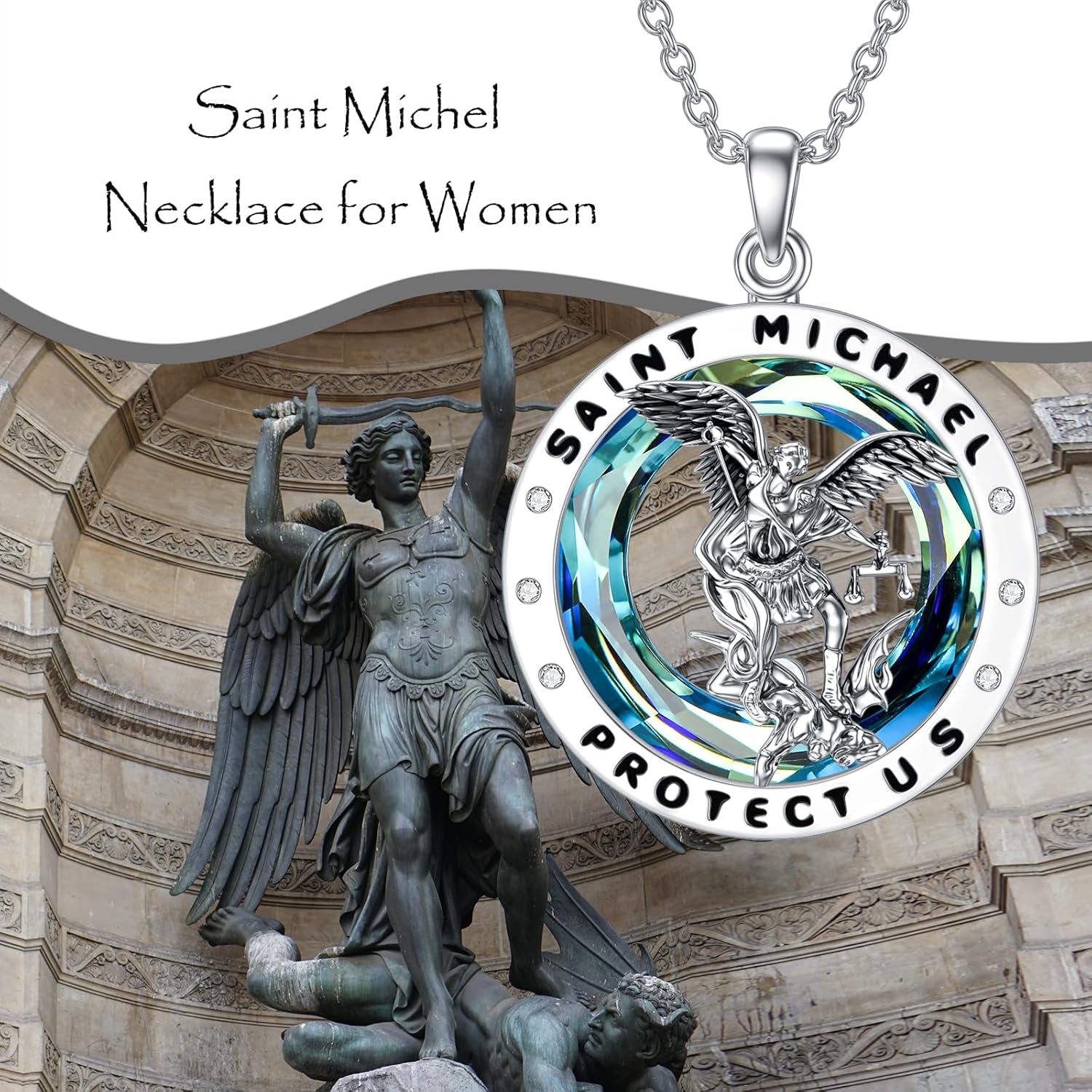 St Michael Necklace 925 Sterling Silver Crystal Saint Michael Jewellery