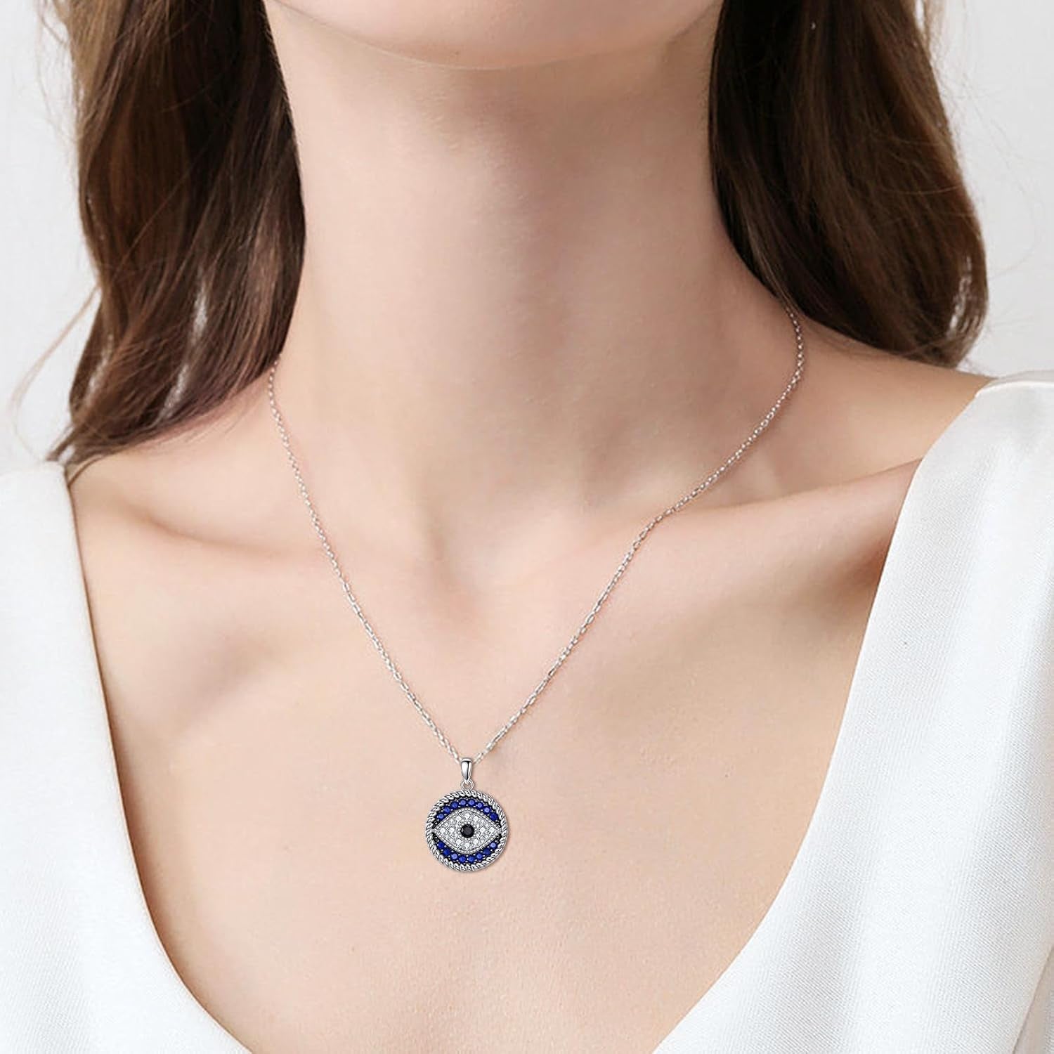 Evil Eye Pendant Necklace for Women 925 Sterling Silver Greek Protection Jewelry with Blue Sapphire and Black Cz Amulet Gift, Middle, Sterling Silver