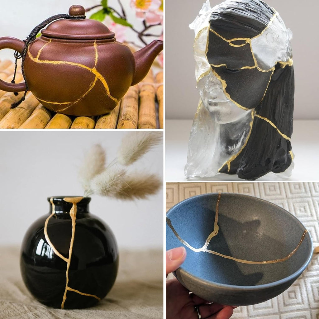Kintsugi Repair Kit, Food Safe Gold & Silver Kintsugi Kit for Broken Ceramics, Glass, Jade and Sculptures, Japanese Art Craft with Gold Glue for Ceramics and Porcelain Repair Restoration