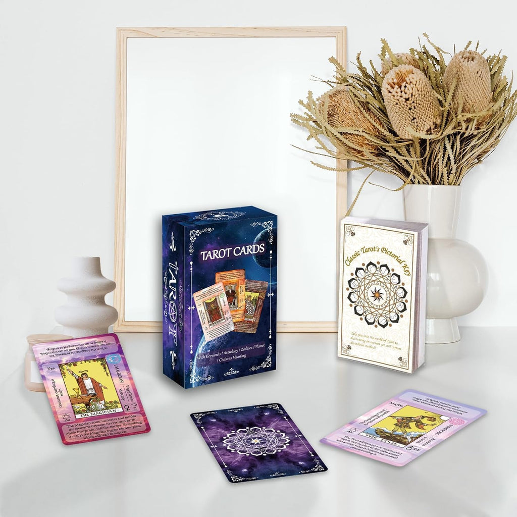 Tarot Cards Set with Guide Book,Tarot Cards for Beginners,Tarot Cards Deck with Meanings on Them,Learning Tarot Deck Fortune Telling Game with Velvet Tarot Bag and Chakra Stone