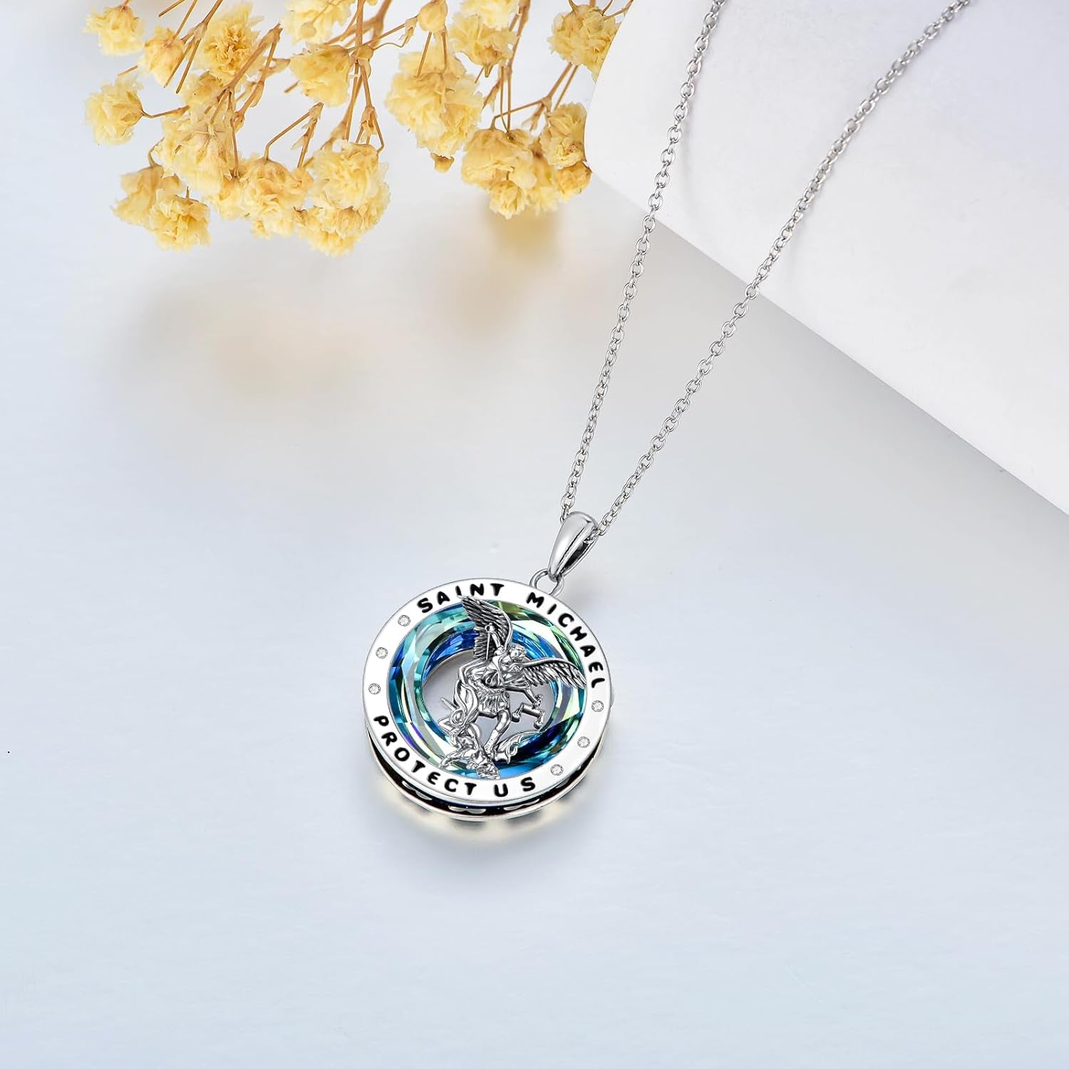 St Michael Necklace 925 Sterling Silver Crystal Saint Michael Jewellery