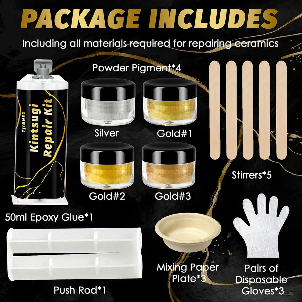 Kintsugi Repair Kit, Food Safe Gold & Silver Kintsugi Kit for Broken Ceramics, Glass, Jade and Sculptures, Japanese Art Craft with Gold Glue for Ceramics and Porcelain Repair Restoration