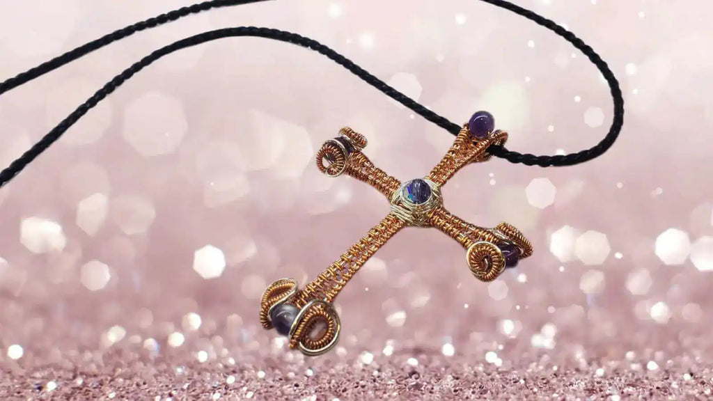 Large Wire Woven Copper Silver Amethyst Cross Necklace