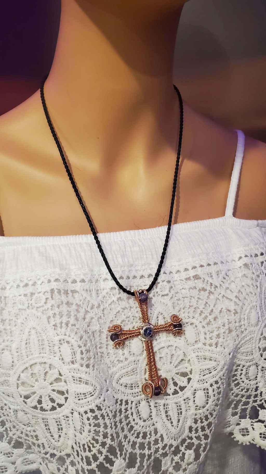 Large Wire Woven Copper Silver Amethyst Cross Necklace