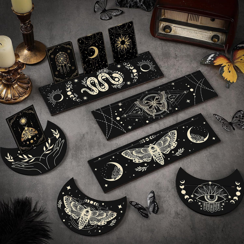 10 Pcs Wooden Tarot Card Holder Stand Include Rectangular Tarot Card Stand Moon Shape Tarot Deck Holder for Witch Divination Tools Oracle Card Place Card (Black)