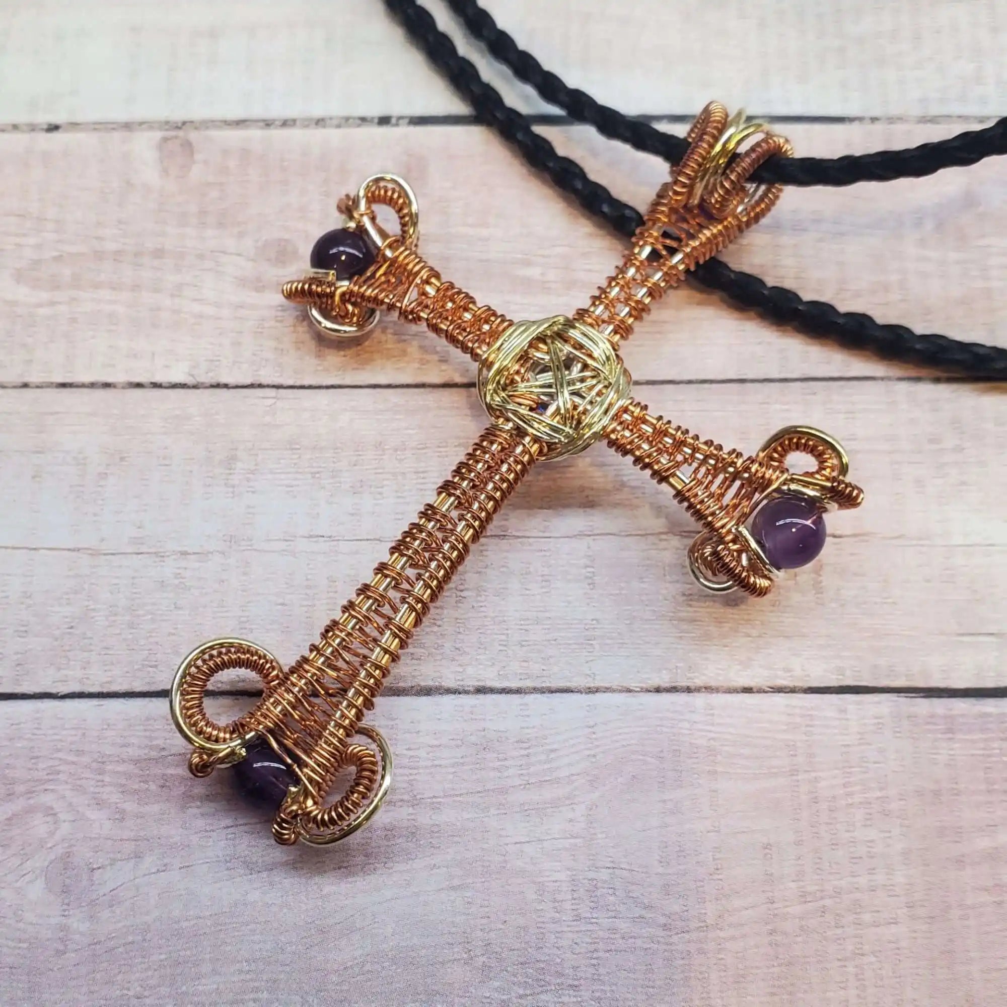 Large Wire Woven Copper Silver Amethyst Cross Necklace
