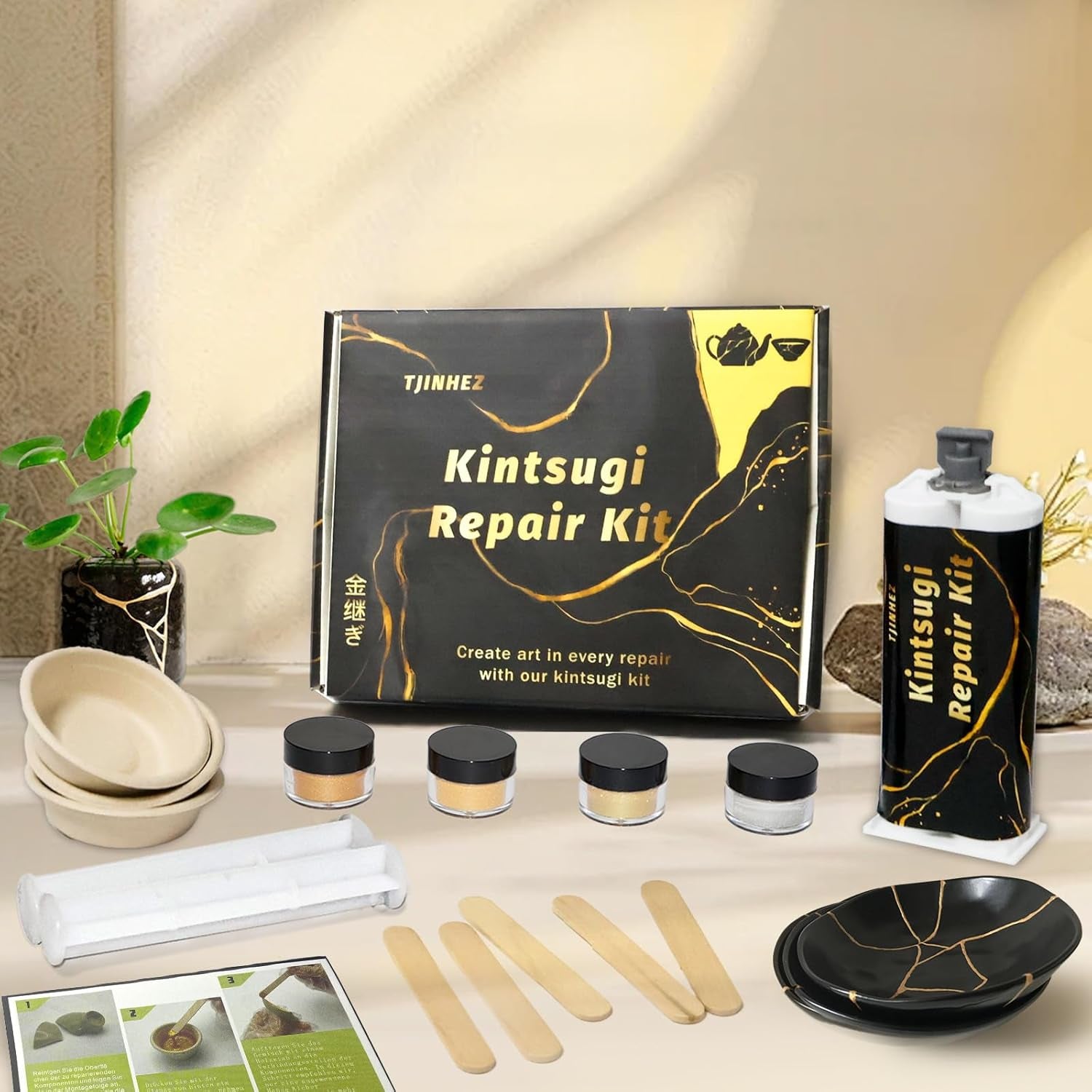 Kintsugi Repair Kit, Food Safe Gold & Silver Kintsugi Kit for Broken Ceramics, Glass, Jade and Sculptures, Japanese Art Craft with Gold Glue for Ceramics and Porcelain Repair Restoration