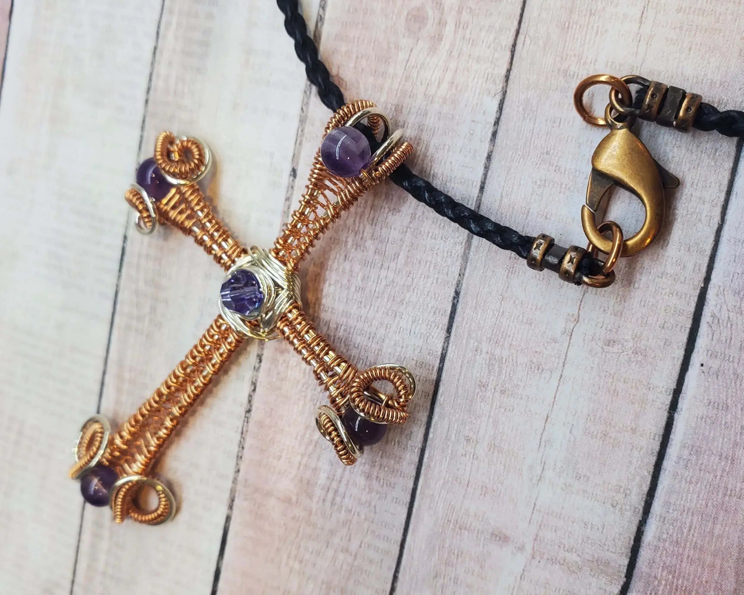Large Wire Woven Copper Silver Amethyst Cross Necklace