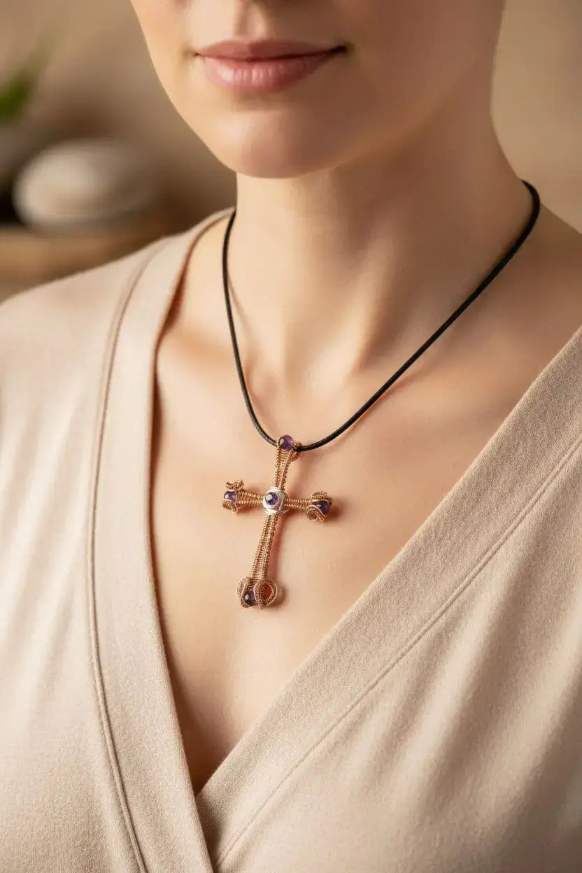Large Wire Woven Copper Silver Amethyst Cross Necklace