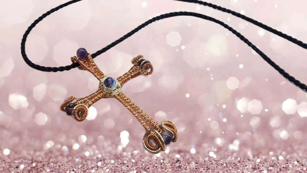 Large Wire Woven Copper Silver Amethyst Cross Necklace