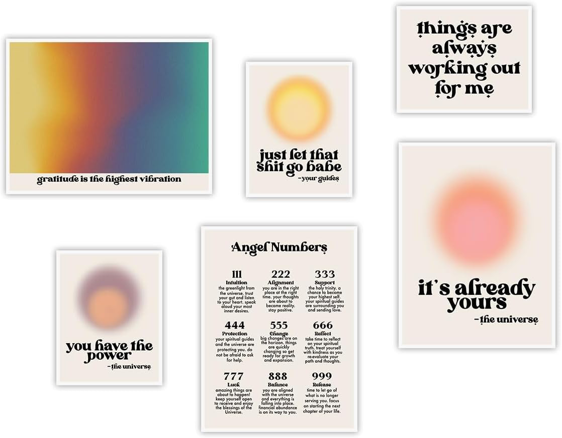 Aura Angel Number Set Posters for Room Aesthetic Spiritual Vibrant Affirmation Canvas Wall Art Print Halo Poster Aesthetic Preppy Picture for Trendy Wall Art Living Room Decor Set of 6