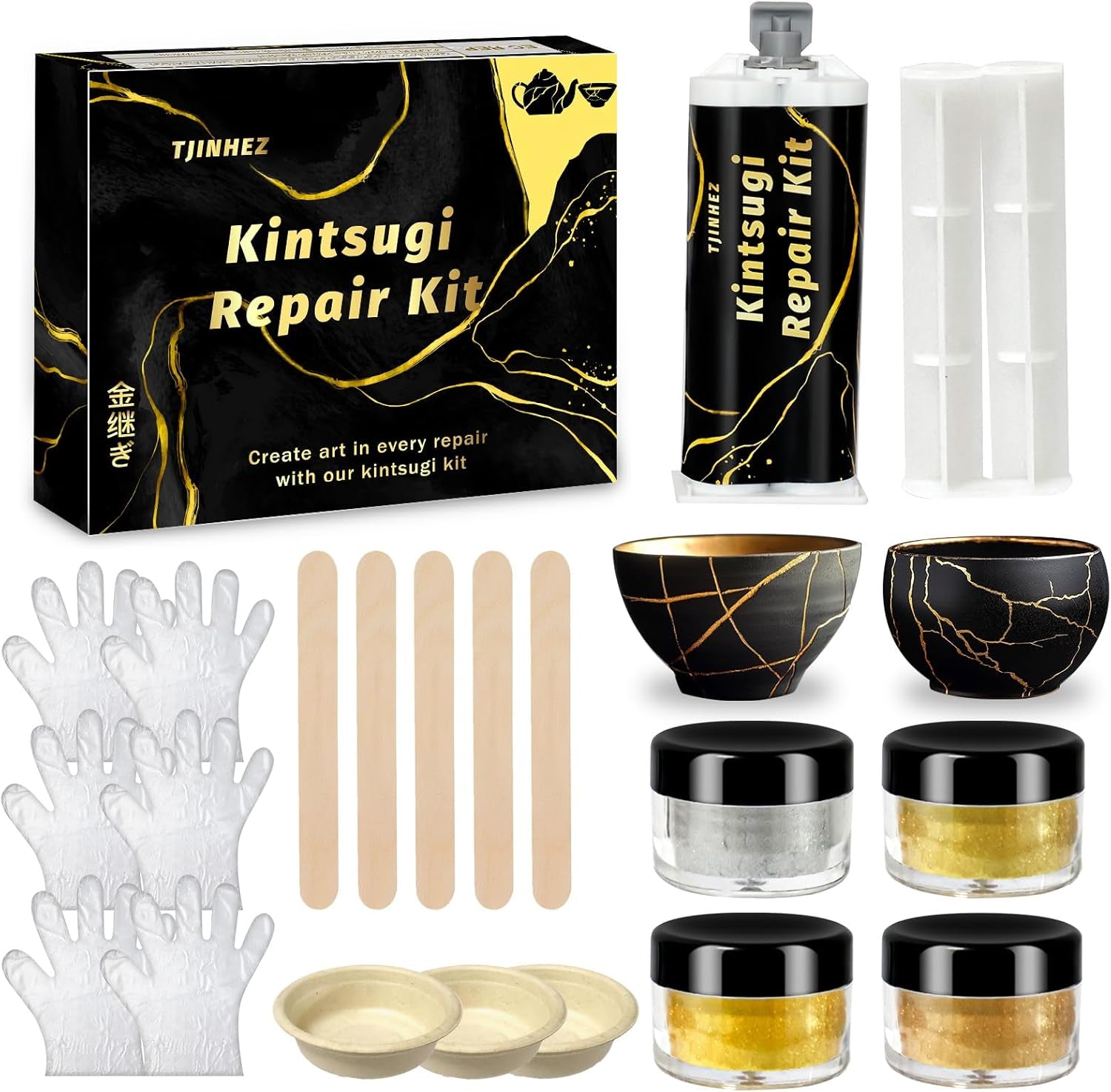 Kintsugi Repair Kit, Food Safe Gold & Silver Kintsugi Kit for Broken Ceramics, Glass, Jade and Sculptures, Japanese Art Craft with Gold Glue for Ceramics and Porcelain Repair Restoration