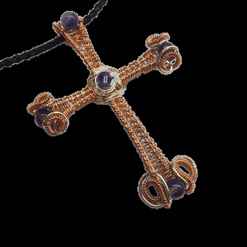 Large Wire Woven Copper Silver Amethyst Cross Necklace