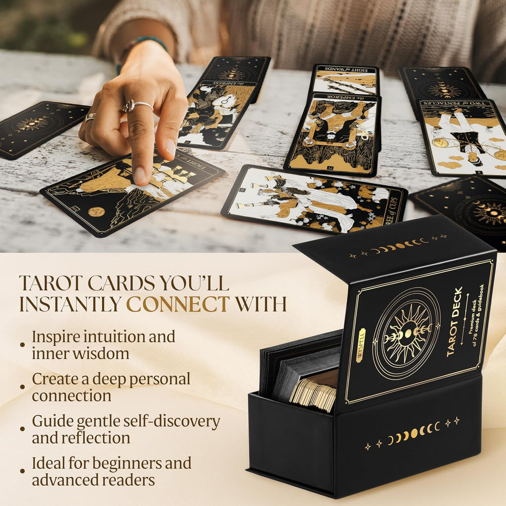 Tarot Cards with Guide Book - 78 Gold for Beginners Deck Set Rider Waite Guidebook Black Decks Original
