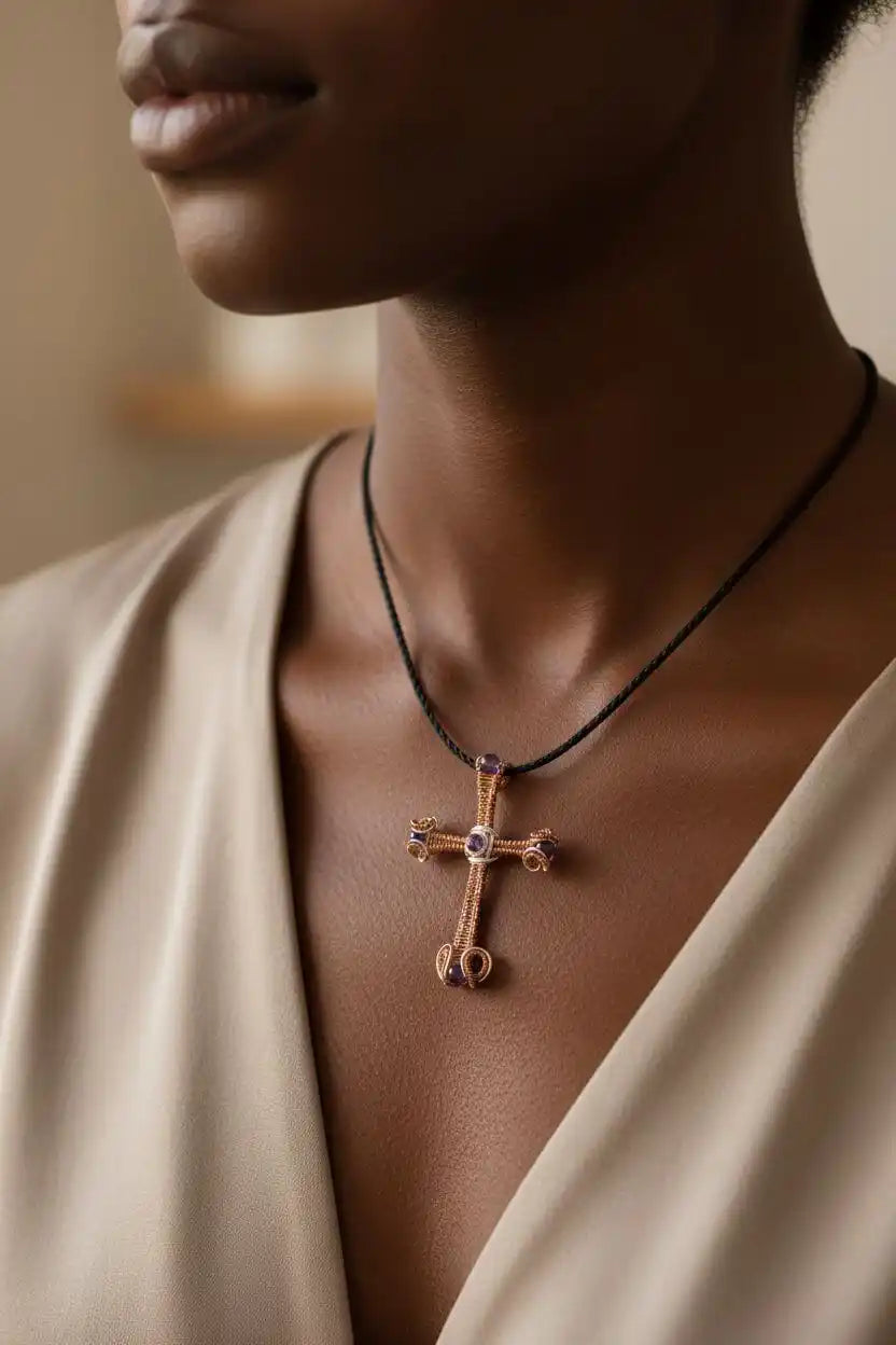 Large Wire Woven Copper Silver Amethyst Cross Necklace