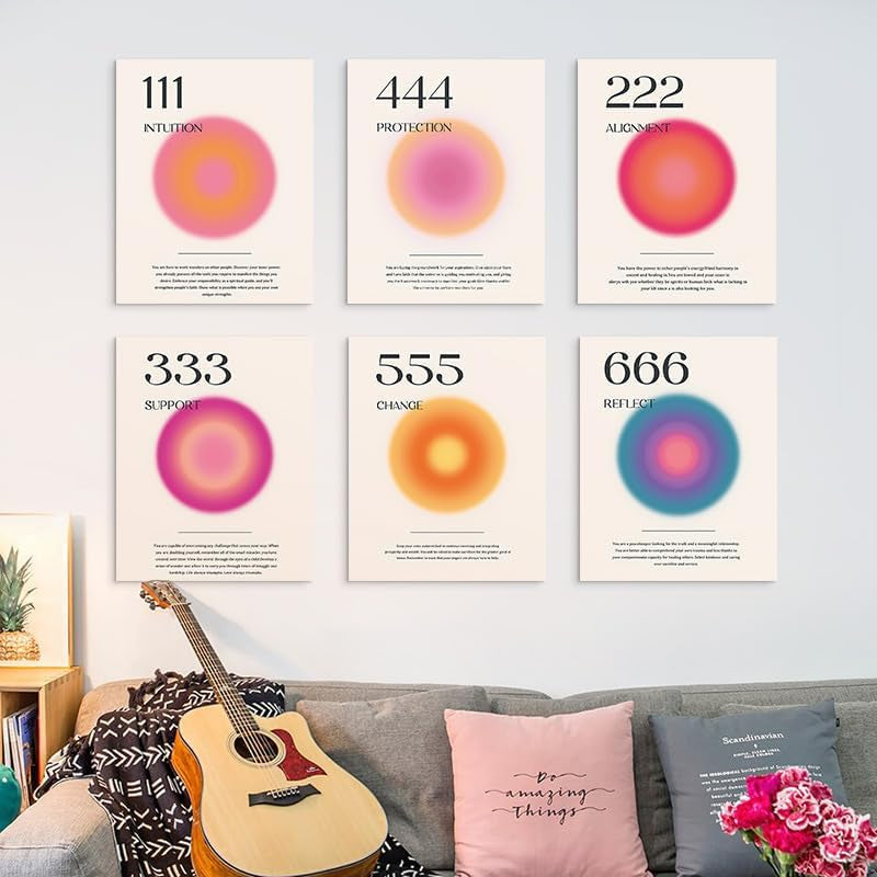 Aura Angel Numbers Poster Set – 6-Piece Minimalist Inspirational Canvas Wall Art, Aesthetic Room & Bedroom Decor, 20 X 25Cm Unframed