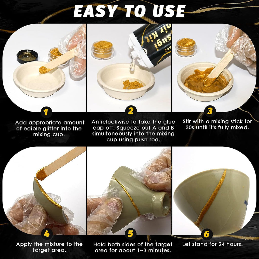 Kintsugi Repair Kit, Food Safe Gold & Silver Kintsugi Kit for Broken Ceramics, Glass, Jade and Sculptures, Japanese Art Craft with Gold Glue for Ceramics and Porcelain Repair Restoration