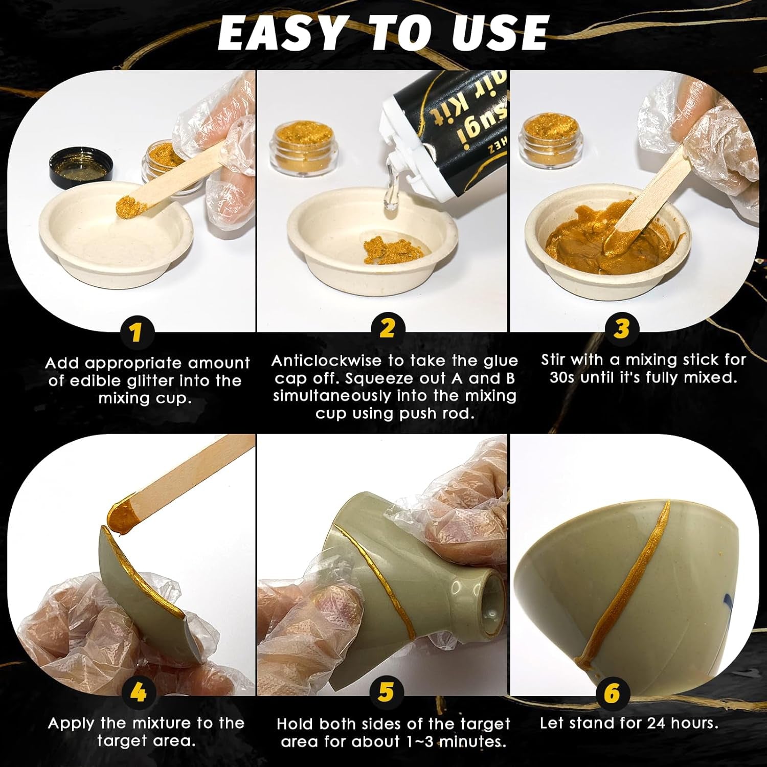 Kintsugi Repair Kit, Food Safe Gold & Silver Kintsugi Kit for Broken Ceramics, Glass, Jade and Sculptures, Japanese Art Craft with Gold Glue for Ceramics and Porcelain Repair Restoration