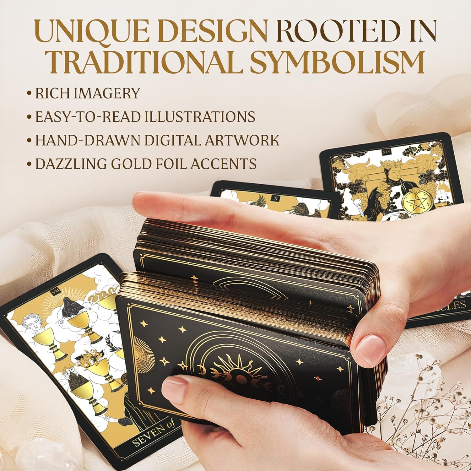Tarot Cards with Guide Book - 78 Gold for Beginners Deck Set Rider Waite Guidebook Black Decks Original