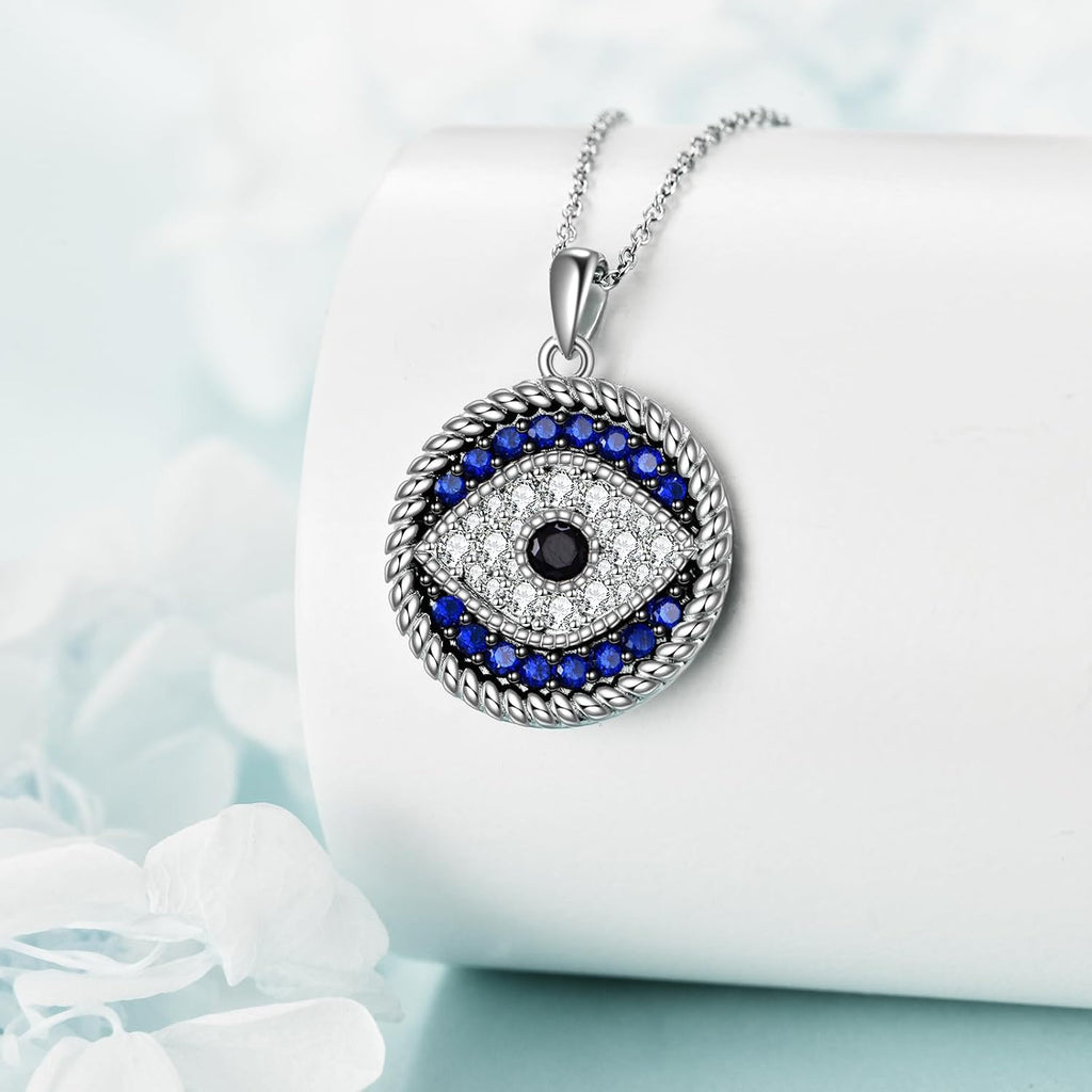 Evil Eye Pendant Necklace for Women 925 Sterling Silver Greek Protection Jewelry with Blue Sapphire and Black Cz Amulet Gift, Middle, Sterling Silver