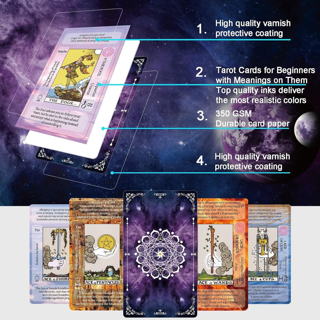 Tarot Cards Set with Guide Book,Tarot Cards for Beginners,Tarot Cards Deck with Meanings on Them,Learning Tarot Deck Fortune Telling Game with Velvet Tarot Bag and Chakra Stone