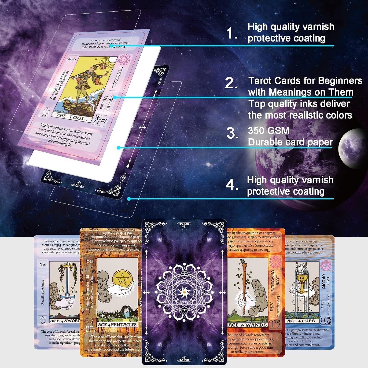 Tarot Cards Set with Guide Book,Tarot Cards for Beginners,Tarot Cards Deck with Meanings on Them,Learning Tarot Deck Fortune Telling Game with Velvet Tarot Bag and Chakra Stone