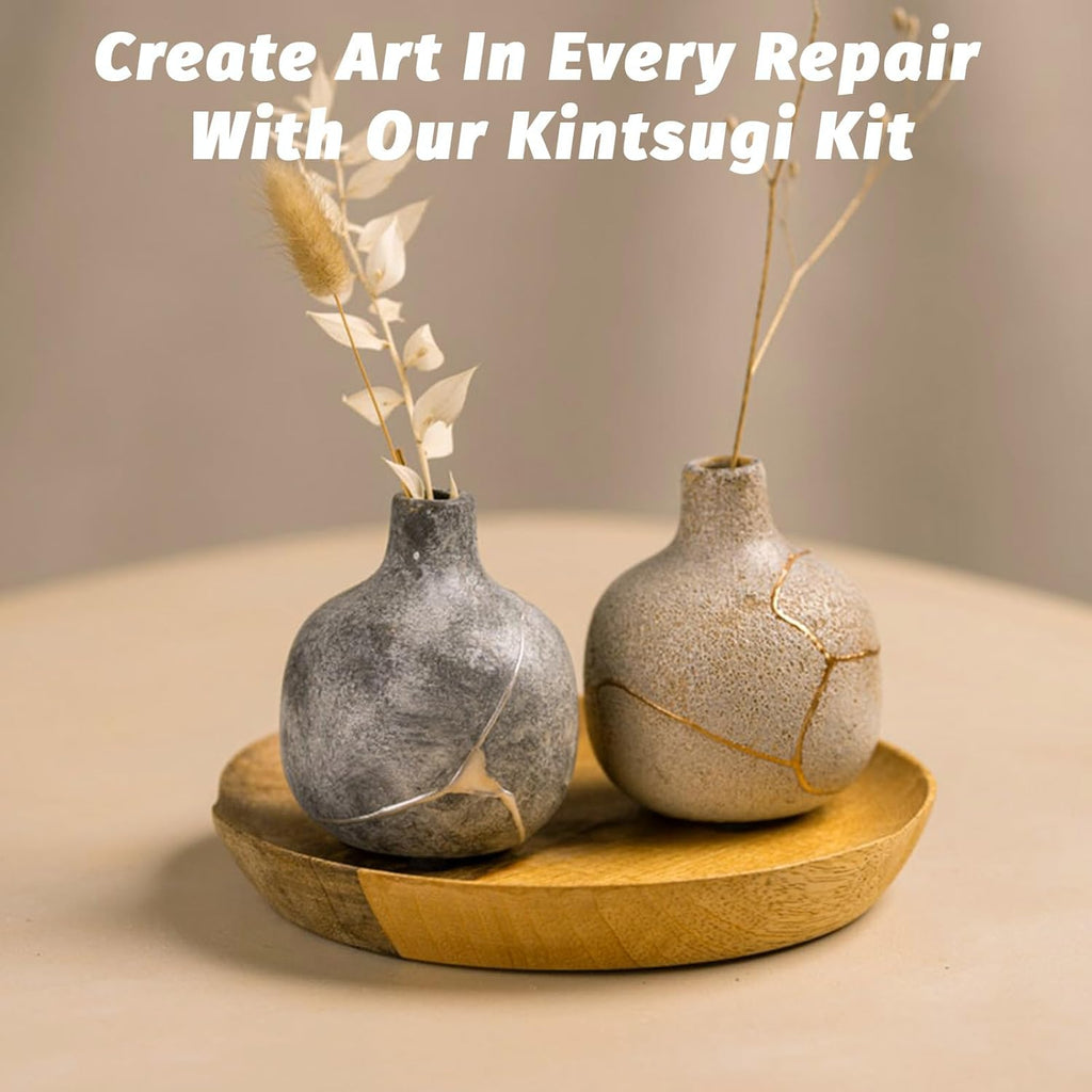 Kintsugi Repair Kit, Food Safe Gold & Silver Kintsugi Kit for Broken Ceramics, Glass, Jade and Sculptures, Japanese Art Craft with Gold Glue for Ceramics and Porcelain Repair Restoration